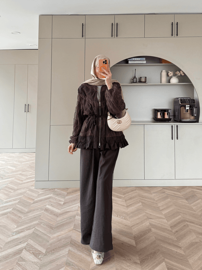 belted zipper crinkle jacket ,waistband wide leg trouser co-ord set