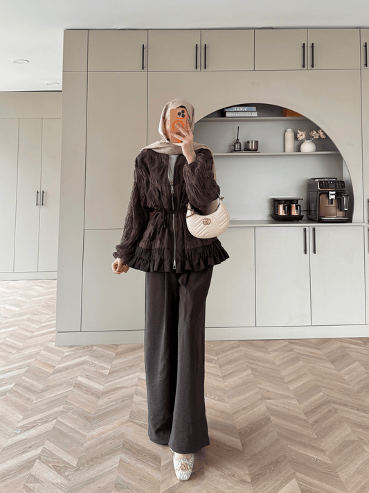 belted zipper crinkle jacket ,waistband wide leg trouser co-ord set
