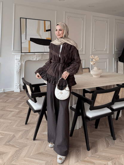 belted zipper crinkle jacket ,waistband wide leg trouser co-ord set