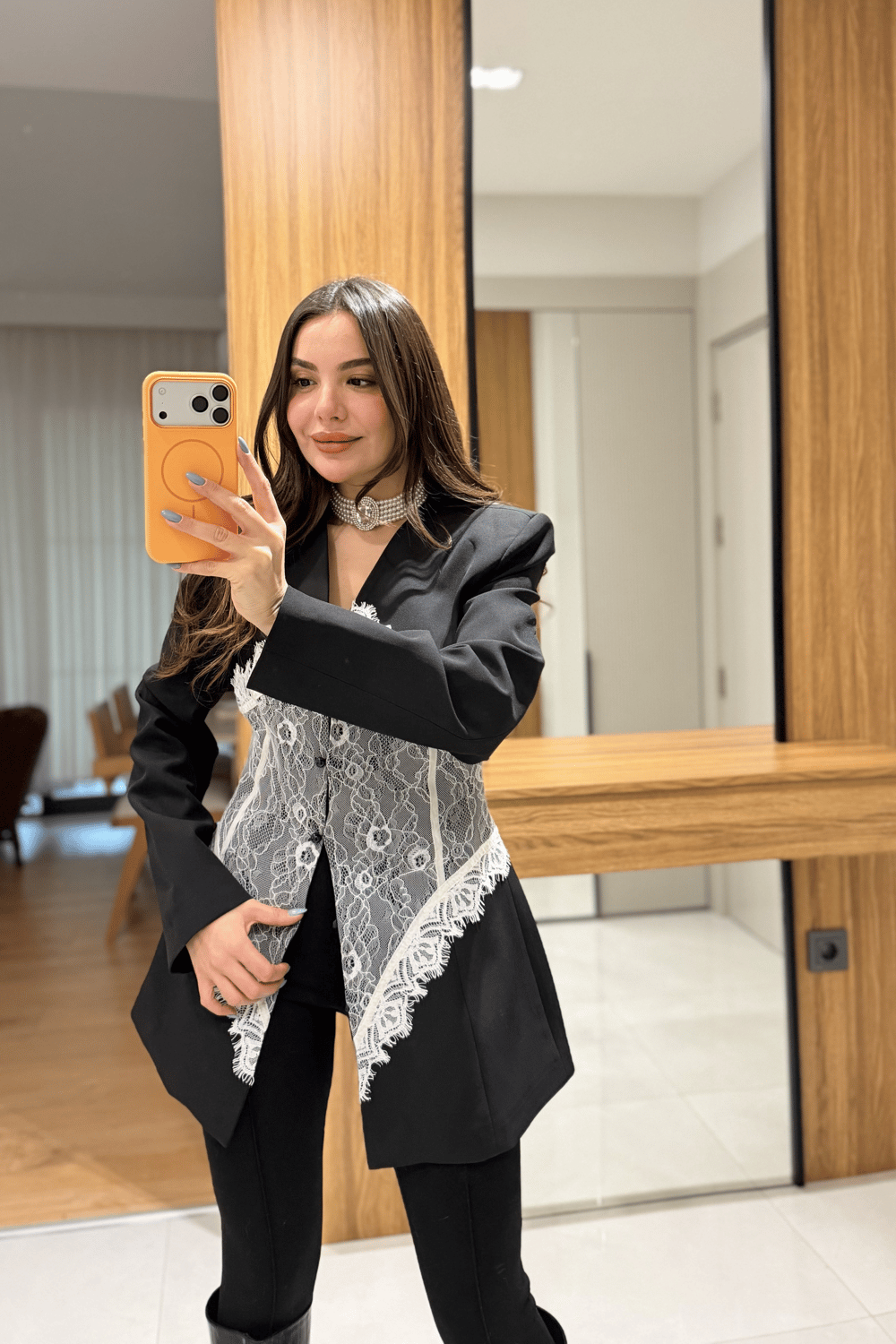 Linay black Blazer Jacket with Lace Details