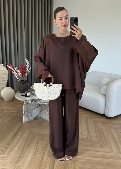 Oversized Batwing Top with Wide-Leg Pants chiffon Set