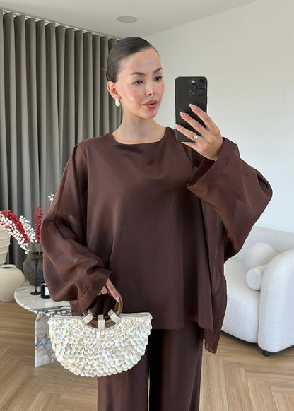 Oversized Batwing Top with Wide-Leg Pants chiffon Set