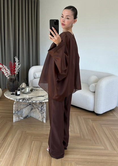 Oversized Batwing Top with Wide-Leg Pants chiffon Set