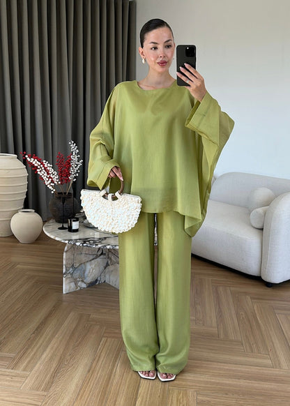 Oversized Batwing Top with Wide-Leg Pants chiffon Set