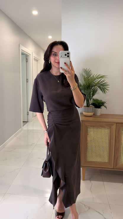 Zr model morley dress with side ruffle details
