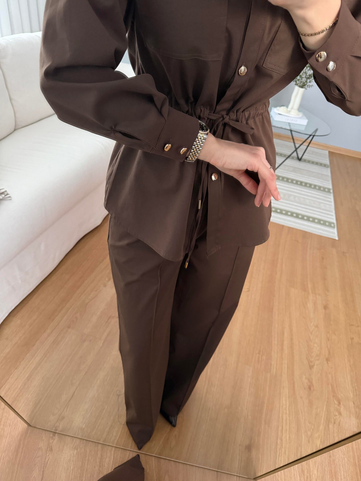 Double Pocket waistband shirt with gold buttons co-ord set