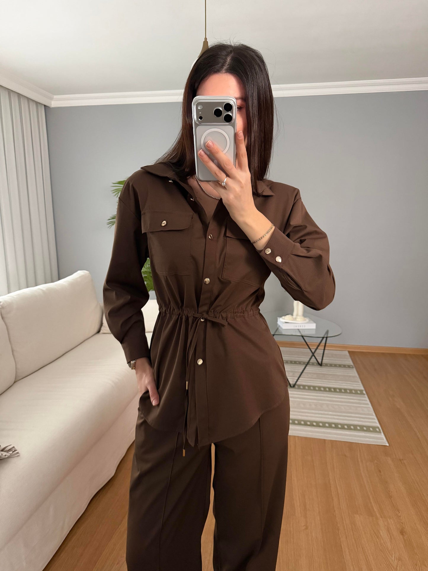 Double Pocket waistband shirt with gold buttons co-ord set