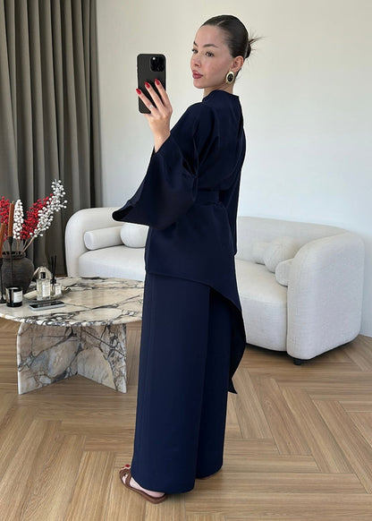 Asymmetric wide sleeve belted top ,waistband wide leg Set - navy blue