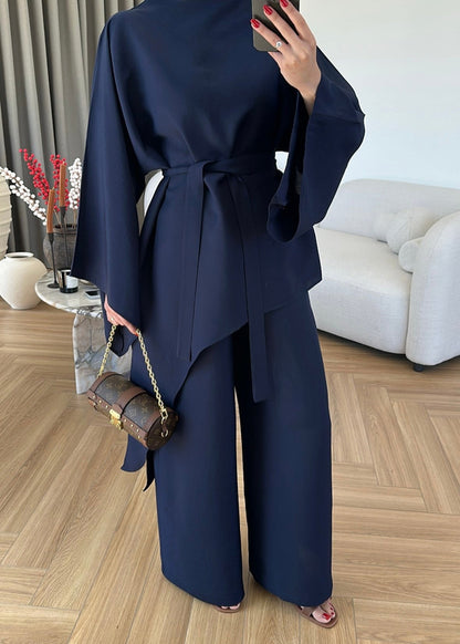 Asymmetric wide sleeve belted top ,waistband wide leg Set - navy blue