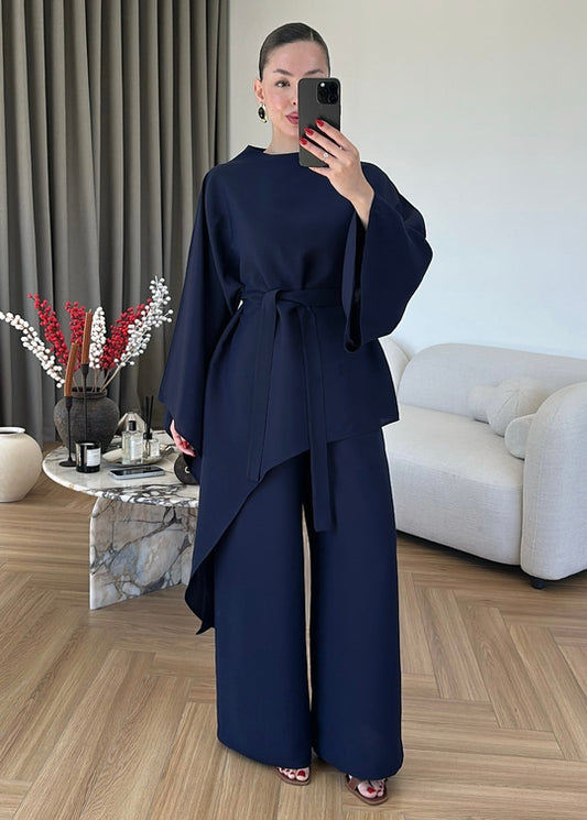 Asymmetric wide sleeve belted top ,waistband wide leg Set - navy blue