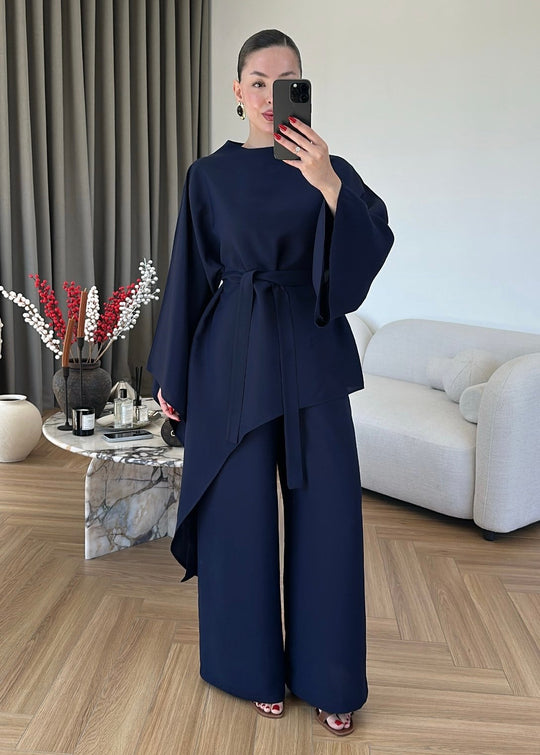 Asymmetric wide sleeve belted top ,waistband wide leg Set - navy blue