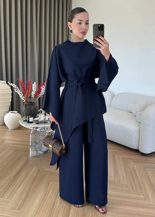 Asymmetric wide sleeve belted top ,waistband wide leg Set - navy blue
