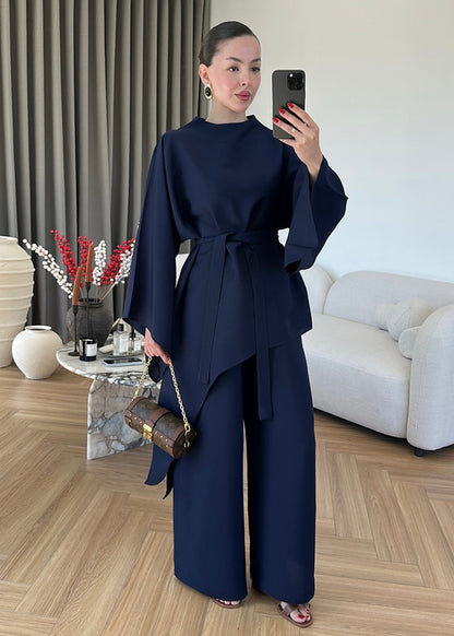 Asymmetric wide sleeve belted top ,waistband wide leg Set - navy blue