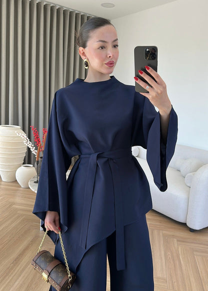 Asymmetric wide sleeve belted top ,waistband wide leg Set - navy blue