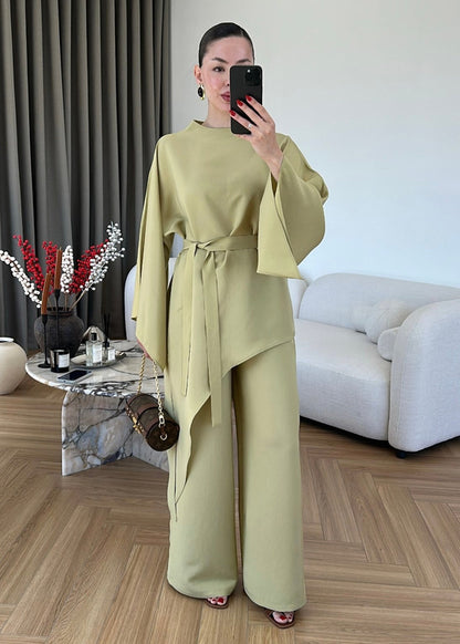 Asymmetric wide sleeve belted top ,waistband wide leg Set - kiwi  GREEN