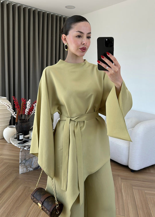 Asymmetric wide sleeve belted top ,waistband wide leg Set - kiwi  GREEN
