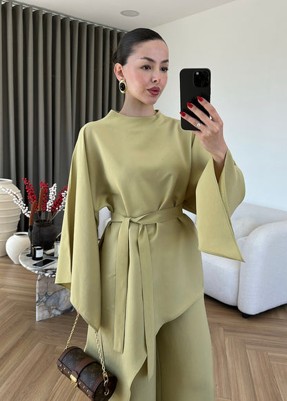 Asymmetric wide sleeve belted top ,waistband wide leg Set - kiwi  GREEN