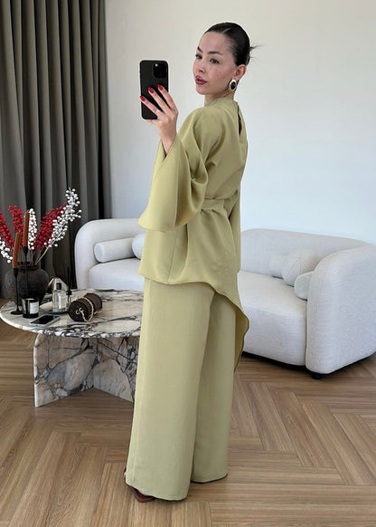 Asymmetric wide sleeve belted top ,waistband wide leg Set - kiwi  GREEN