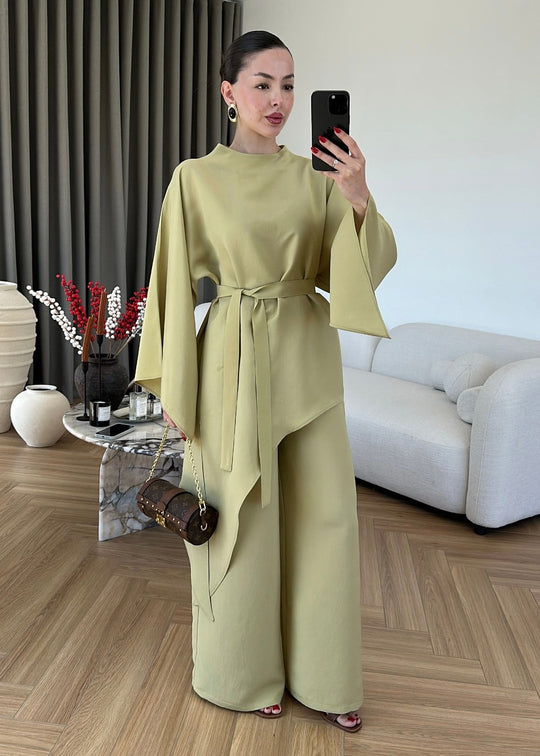 Asymmetric wide sleeve belted top ,waistband wide leg Set - kiwi  GREEN