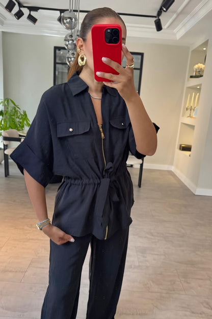 Gold zipper short sleeve tencel co-ord set