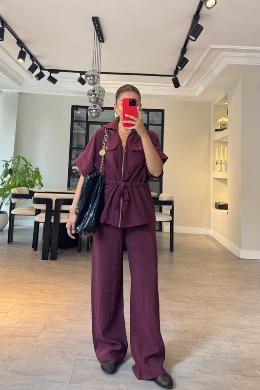 Gold zipper short sleeve tencel co-ord set