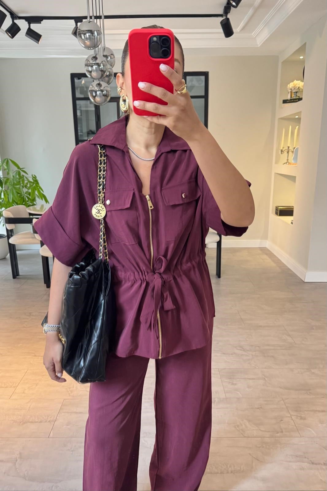 Gold zipper short sleeve tencel co-ord set