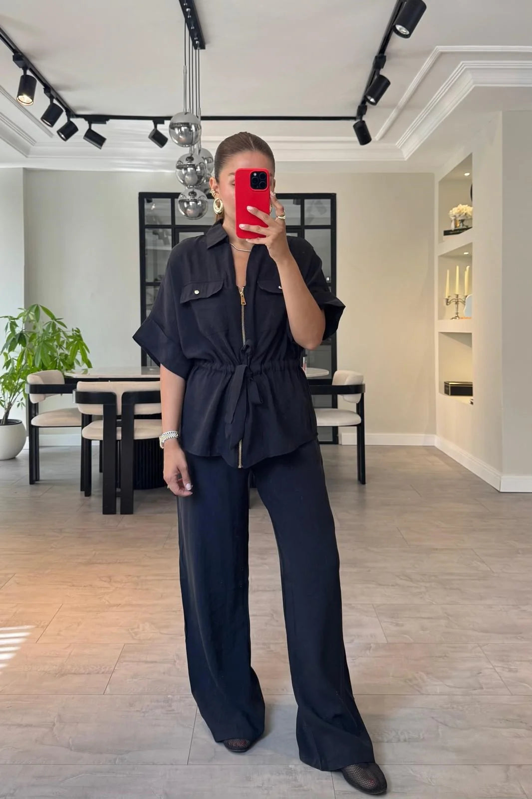 Gold zipper short sleeve tencel co-ord set