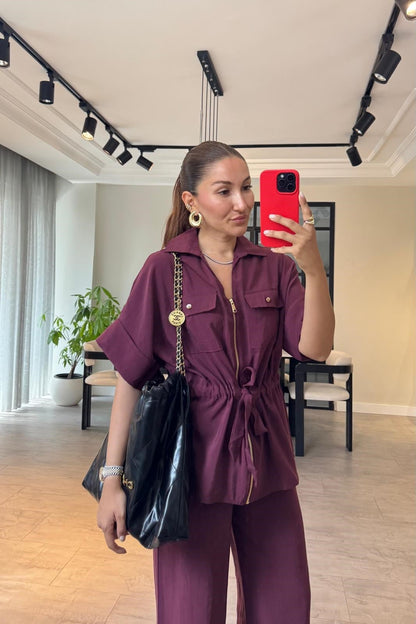 Gold zipper short sleeve tencel co-ord set