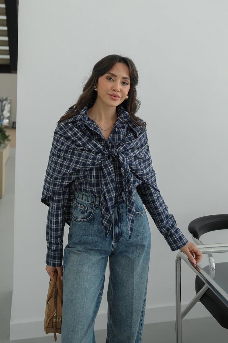 Navy Blue Plaid Cape Shirt
