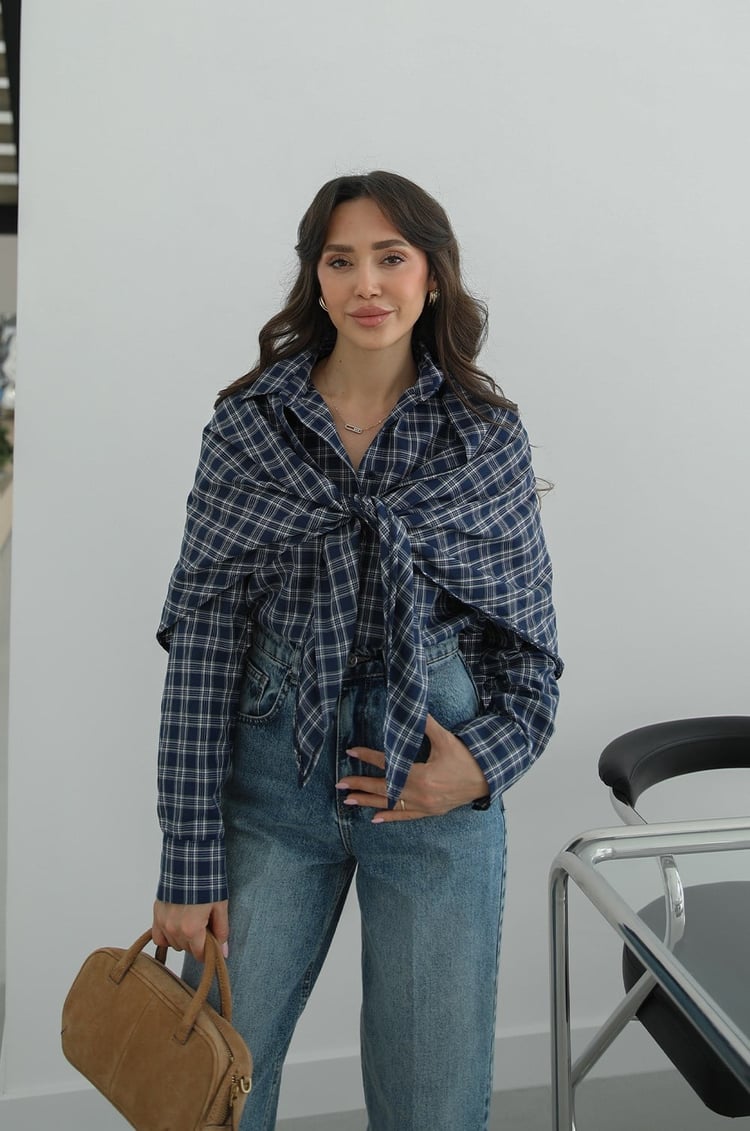 Navy Blue Plaid Cape Shirt