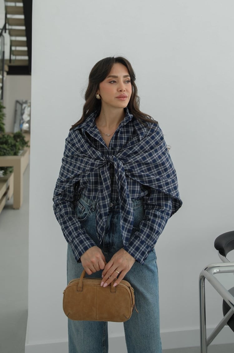 Navy Blue Plaid Cape Shirt