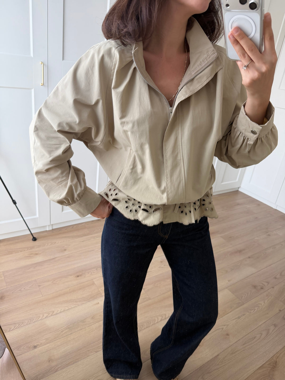 Jacket with Gathered Bottom and Embroidered Hem