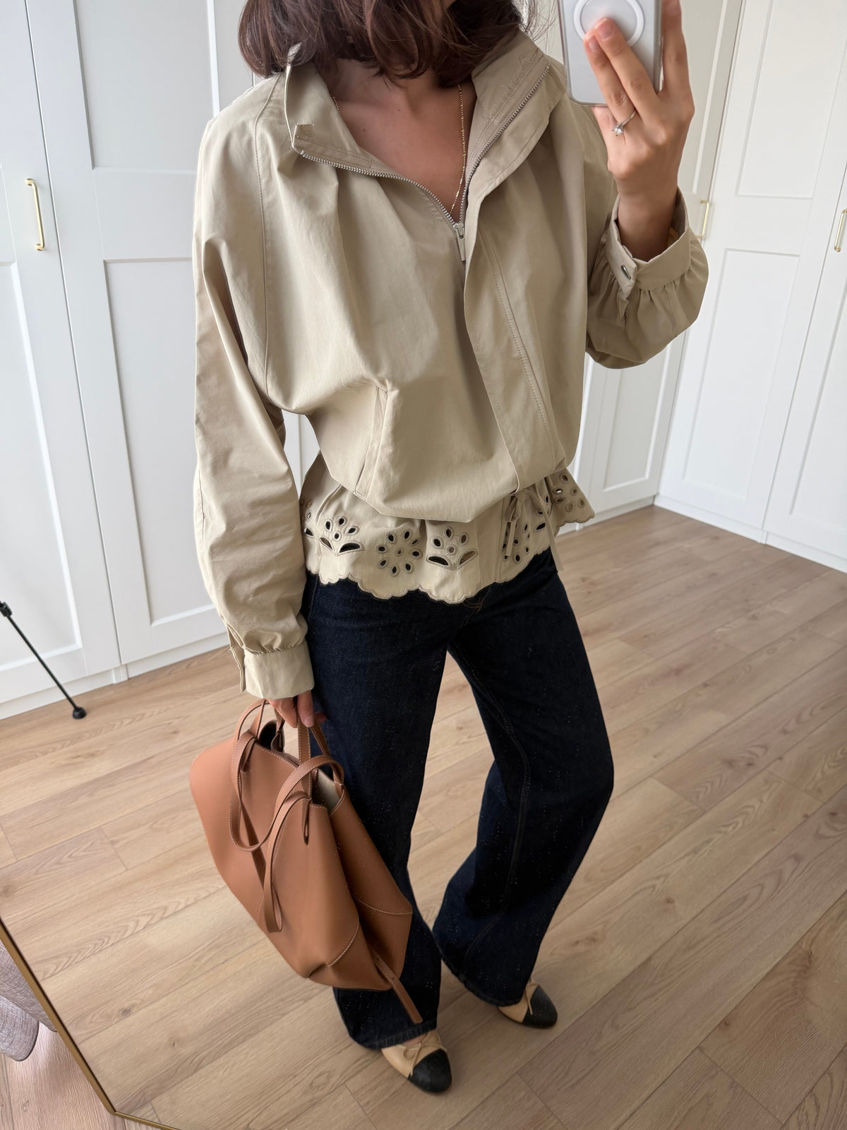 Jacket with Gathered Bottom and Embroidered Hem
