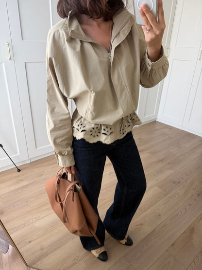 Jacket with Gathered Bottom and Embroidered Hem
