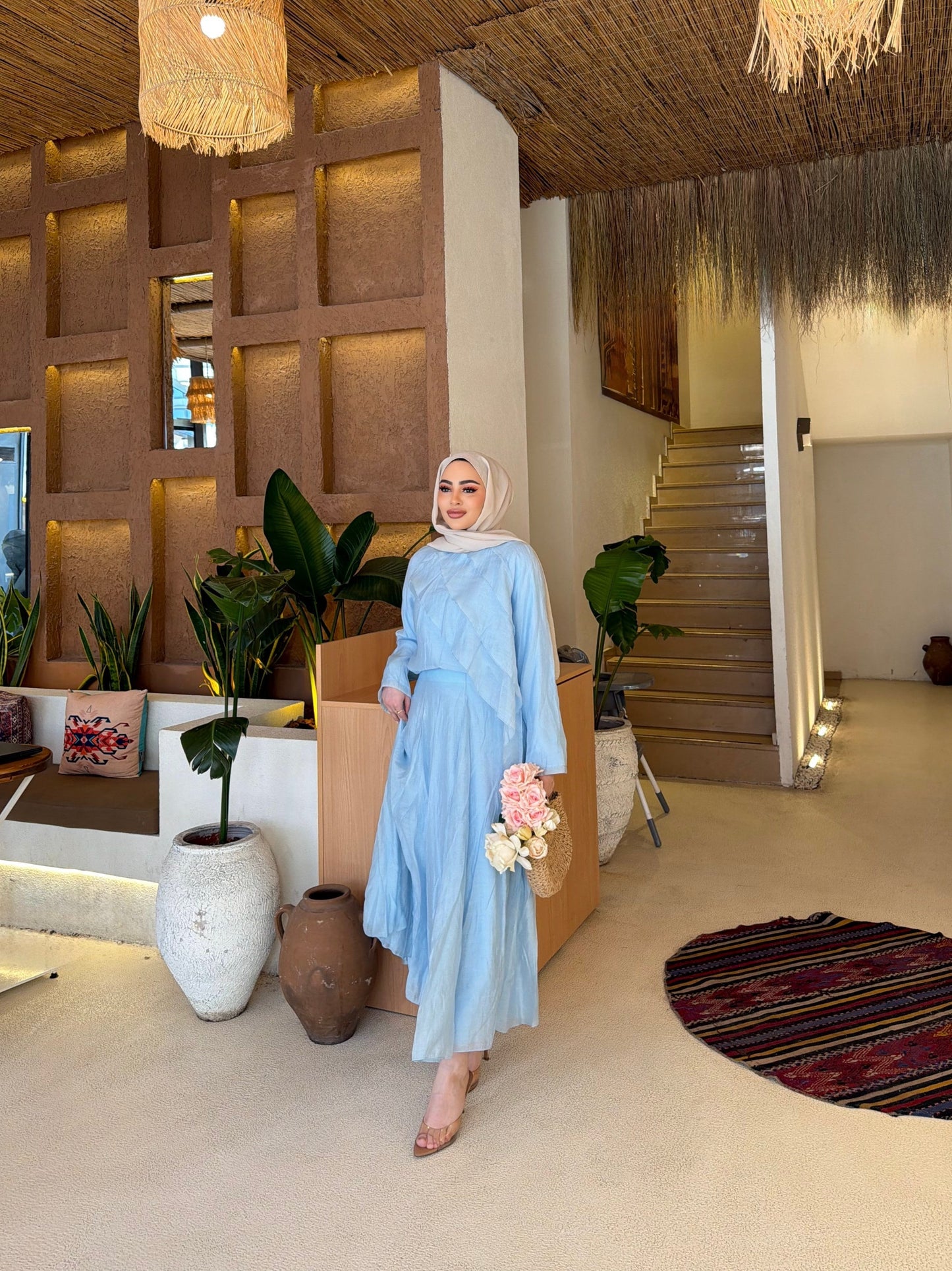 Layered blouse with maxi skirt fully lined set- blue
