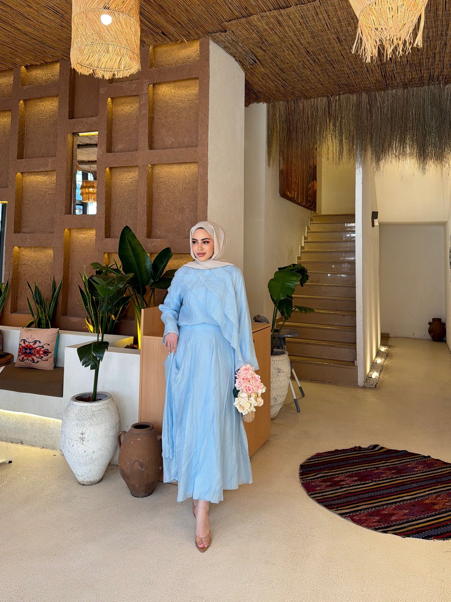 Layered blouse with maxi skirt fully lined set- blue