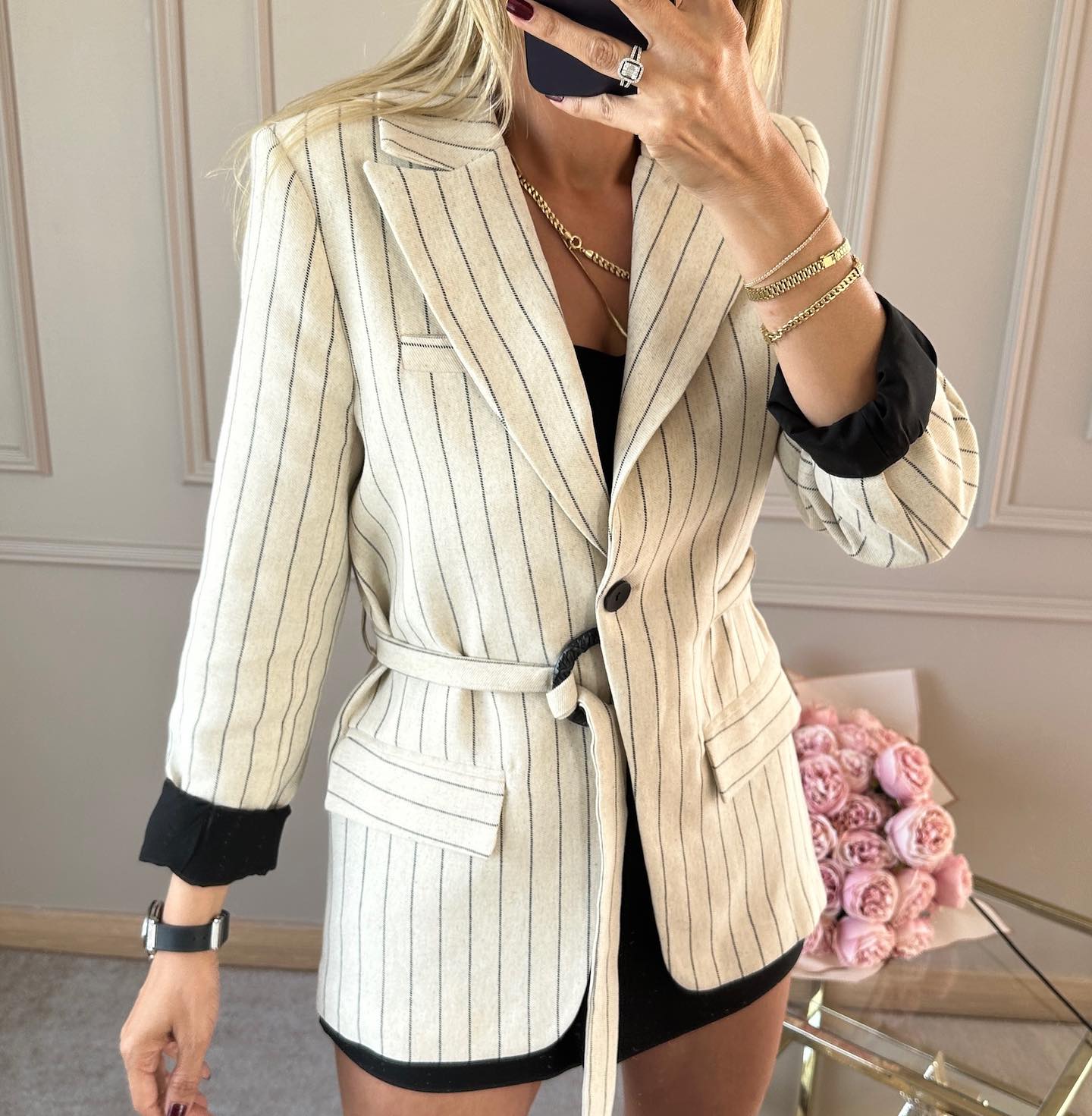Striped blazer with side belt