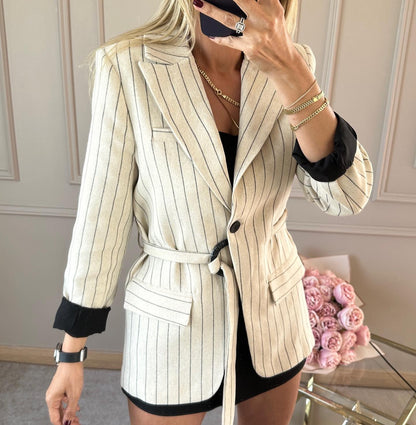 Striped blazer with side belt