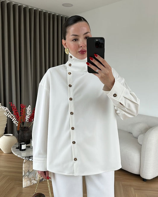 High-neck white side buttons shirt