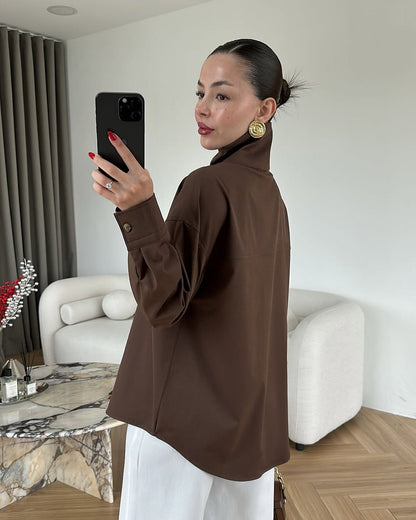 High-neck brown side buttons shirt