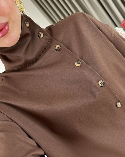 High-neck brown side buttons shirt