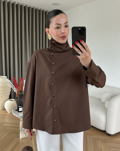 High-neck brown side buttons shirt