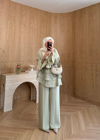 Layered blouse with ruffled sleeves co-ord set - Dusty Sage Green