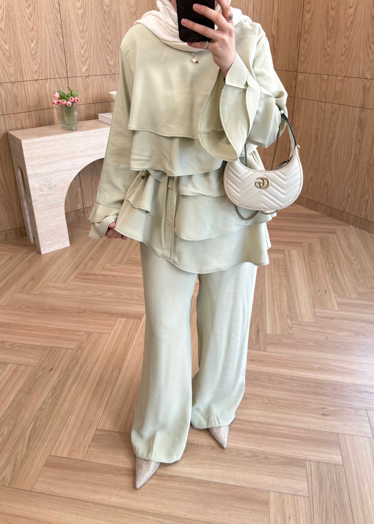 Layered blouse with ruffled sleeves co-ord set - Dusty Sage Green