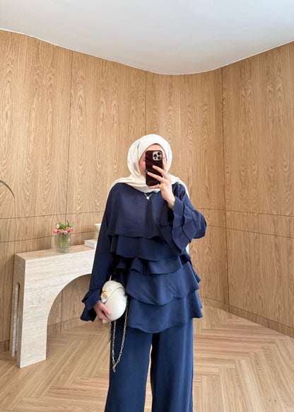 Layered blouse with ruffled sleeves co-ord set- navy blue