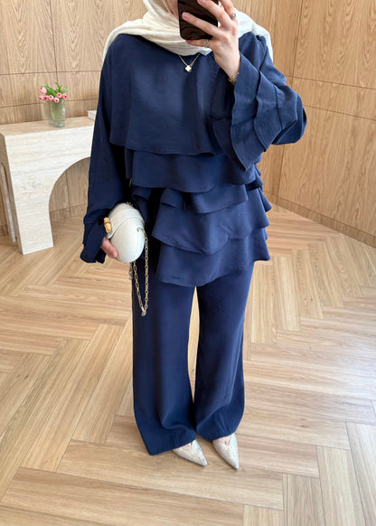 Layered blouse with ruffled sleeves co-ord set- navy blue