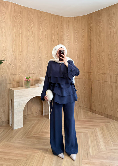 Layered blouse with ruffled sleeves co-ord set- navy blue