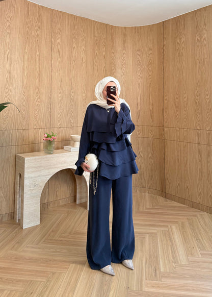 Layered blouse with ruffled sleeves co-ord set- navy blue