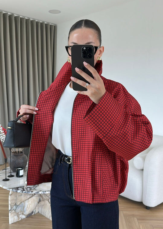 Red Plaid Patterned bomber jacket