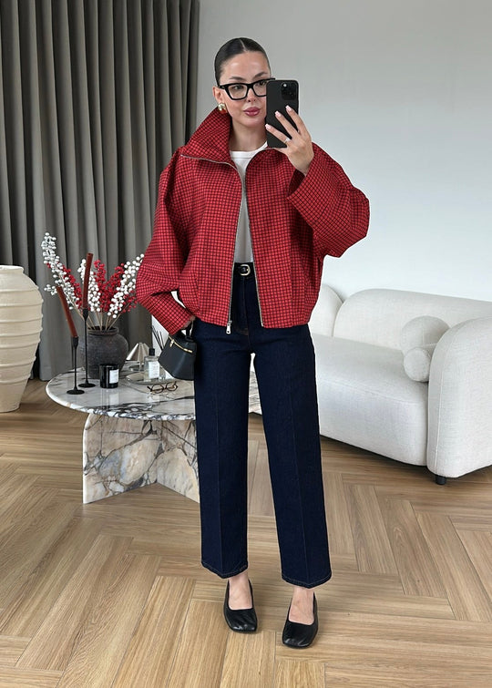 Red Plaid Patterned bomber jacket